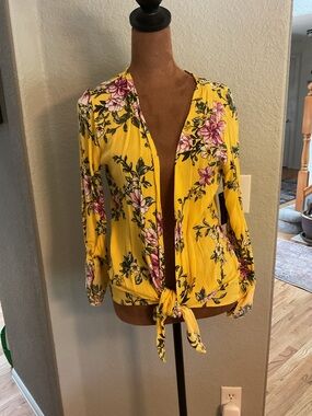 No Boundaries Yellow Floral Tie-Front Blouse